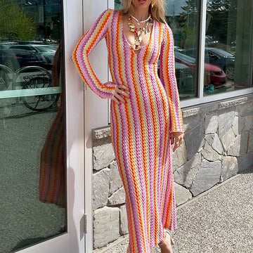 MQTIME  -  Elegant Stripes Print Hollow Out Long Dress Women Sexy V-neck Long Sleeve Wrap Hip Dress Fashion Hight Waist Slim Party Dresses